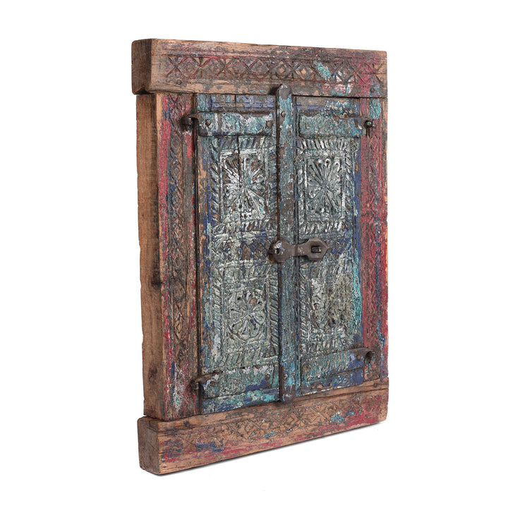 Angled View Of Carved Teak Tribal Window From Kutch - Ca 1920 | Indigo Antiques