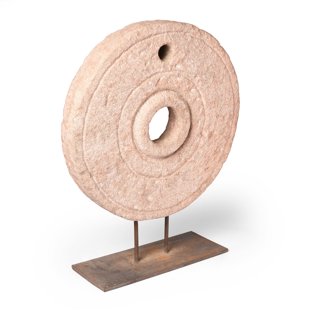 Angled VIew Of Indian Millstone From Rajasthan - Circa Ca - 1920's | Indigo Antiques