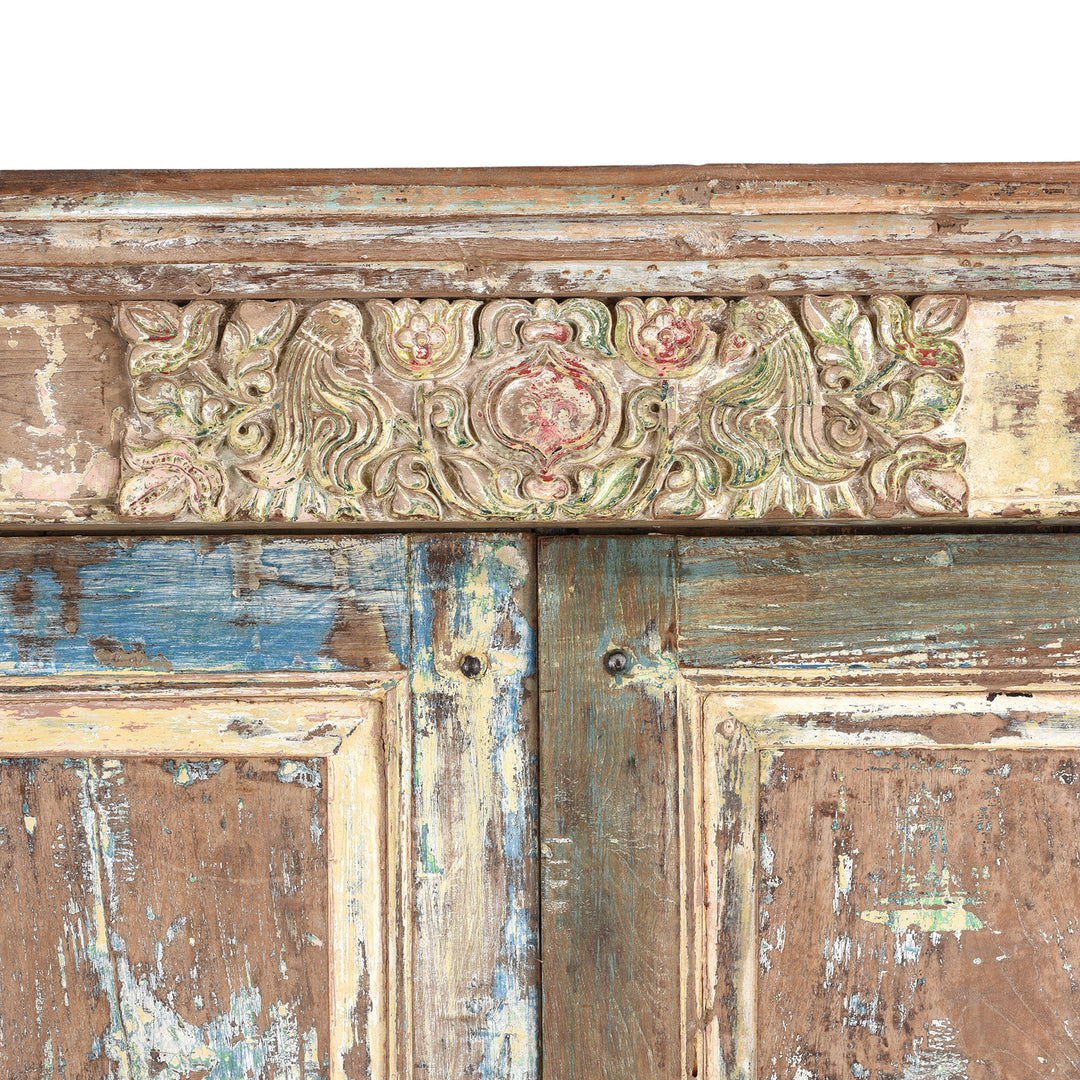 Carving Detail From Antique Carved Door With Original Paint From Gujarat - 19th Century | Indigo Antiques