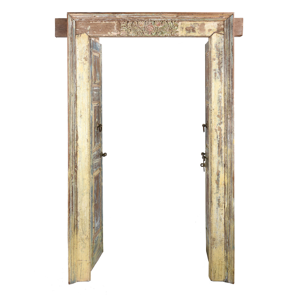 Open View Of Antique Carved Door With Original Paint From Gujarat - 19th Century | Indigo Antiques