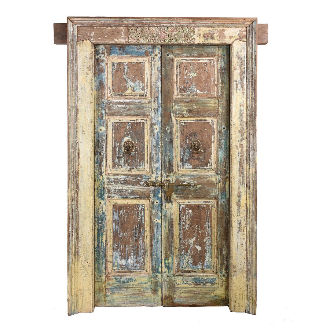 Antique Carved Door With Original Paint From Gujarat - 19th Century | Indigo Antiques