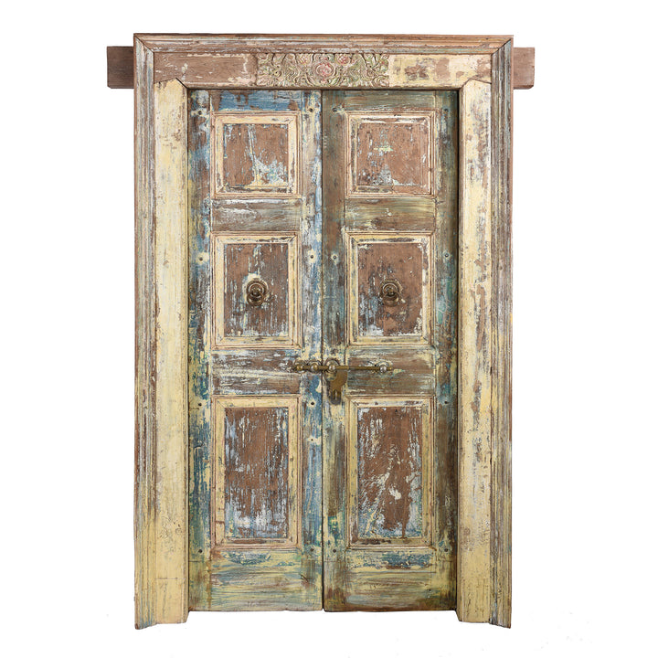 Antique Carved Door With Original Paint From Gujarat - 19th Century | Indigo Antiques