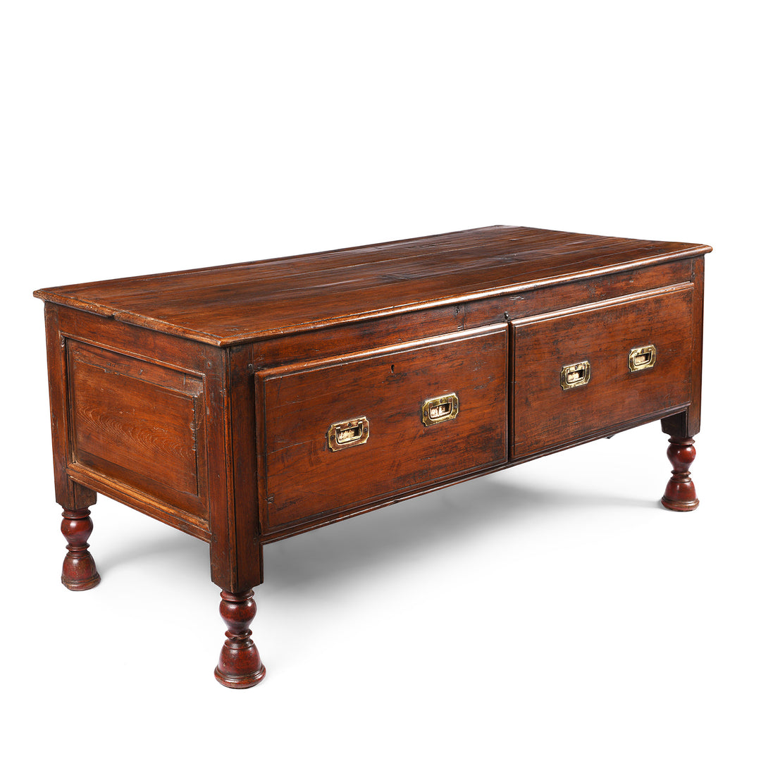 Angled View Of Antique Teak Takhat From Gujarat With 2 Drawers -  19th Century | Indigo Antiques