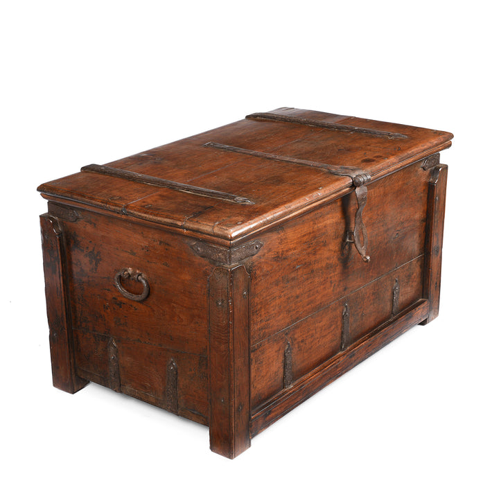 Angled View Of Iron Bound Indian Teak Chest From Goa - 19thC | Indigo Antiques