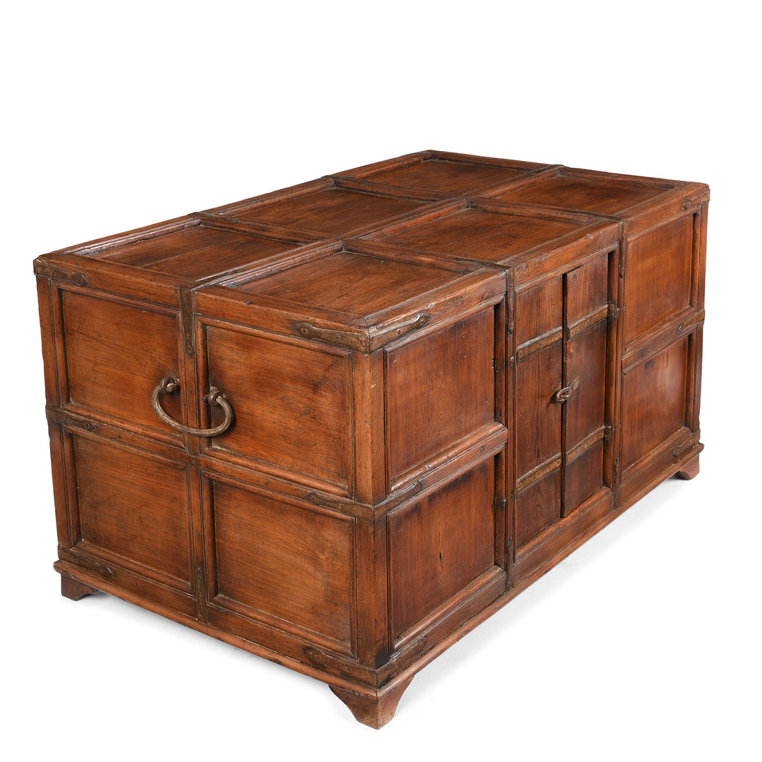 Angled VIew Of Iron Bound Teak Chest From Kutch - 19thC | Indigo Antiques