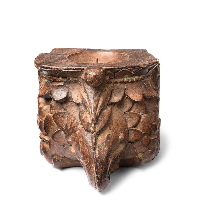 Frontal View Of Antique Carved Teak Candle Stand - 19th Century | Indigo Antiques