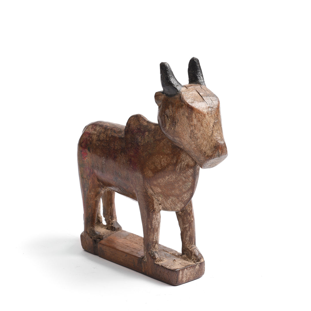 Angled VIew Of Carved Teak Nandi Bull Toy From Andra Pradesh - Ca 1920 | INDIGO ANTIQUES