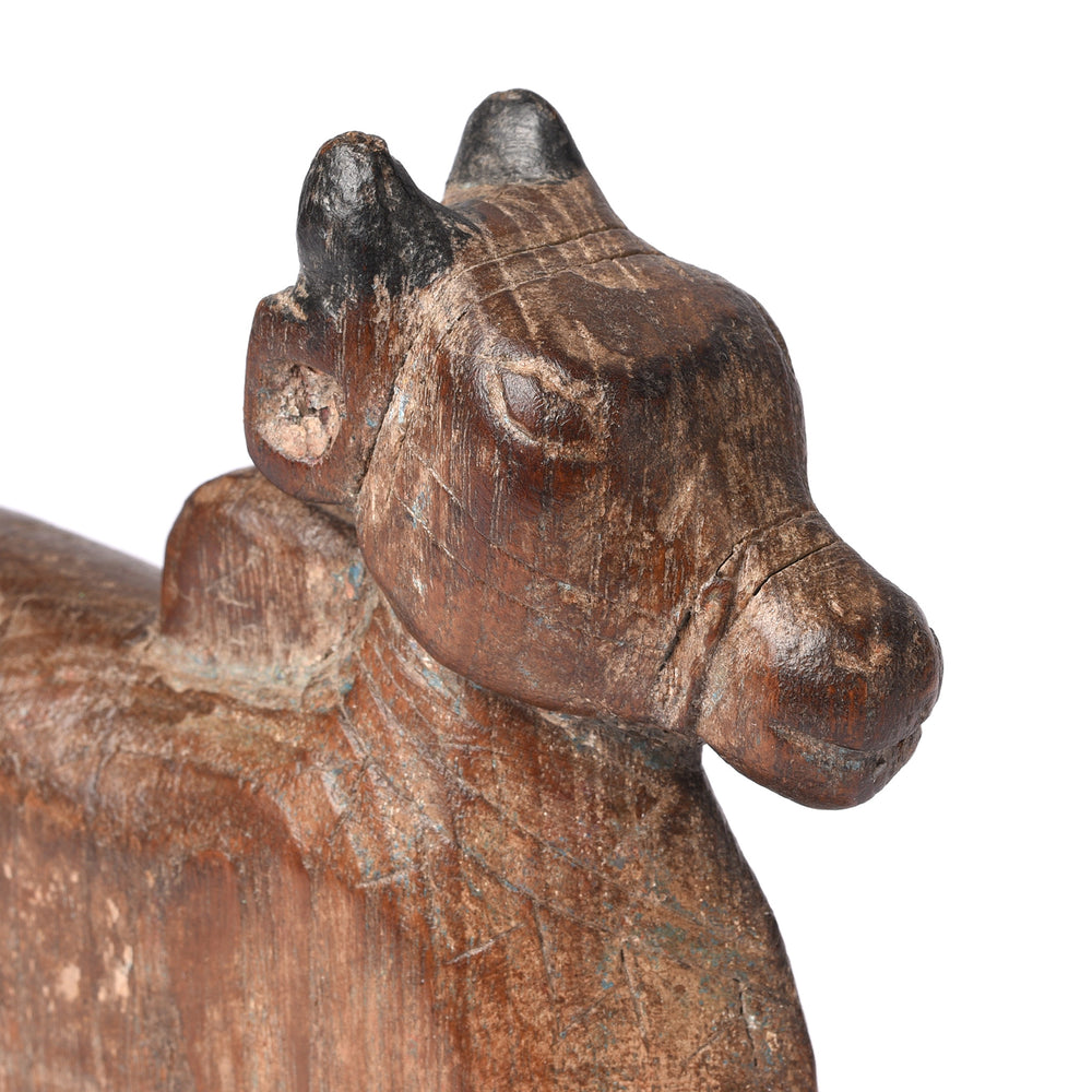 Face Detail From Antique Carved Teak Nandi Bull Toy From Andhra Pradesh - Ca 1920 | INDIGO ANTIQUES