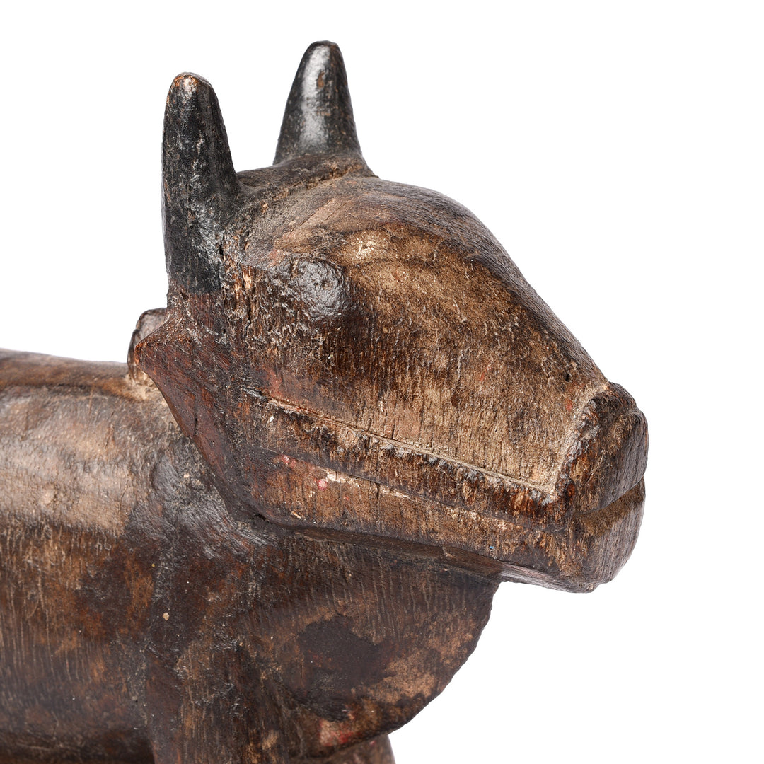 Face Detail From Angled View Of Carved Teak Nandi Bull Toy From Andhra Pradesh - Ca 1920 | INDIGO ANTIQUES