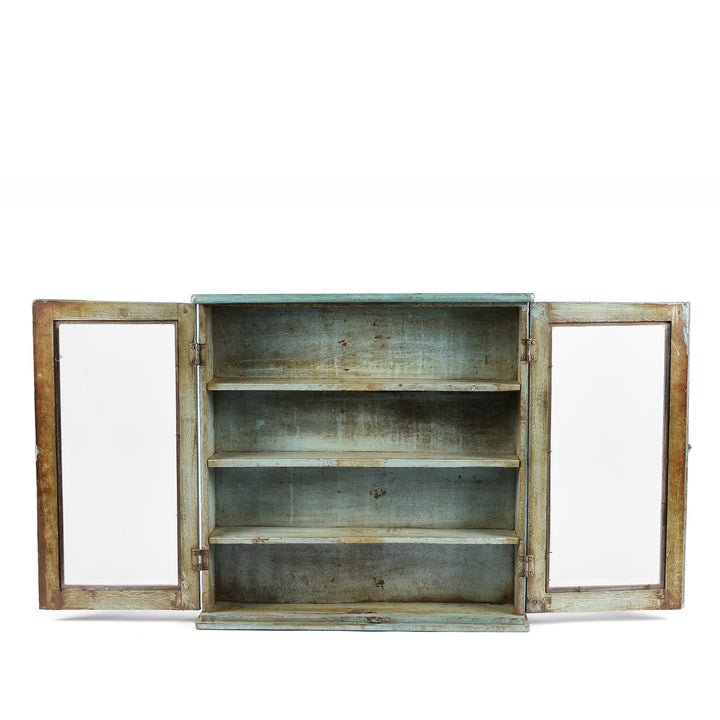Open Doors View Of Painted Teak Glazed Wall Cabinet From India - Ca 1930 | Indigo Antiques