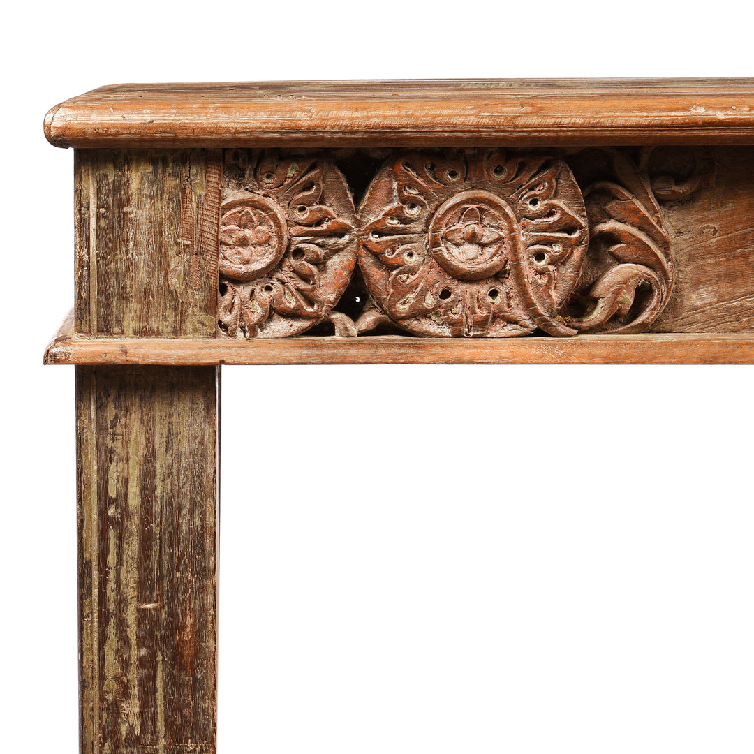 Carving Detail From a Reclaimed Teak Indian Takhat Coffee Table | Indigo Antiques