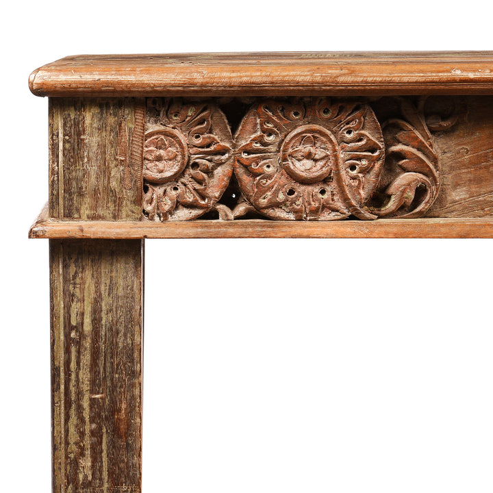 Carving Detail From a Reclaimed Teak Indian Takhat Coffee Table | Indigo Antiques