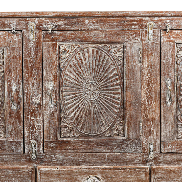 Antique Carved Teak Sideboard With Sunburst Panels - 19th Century | Indigo Antiques