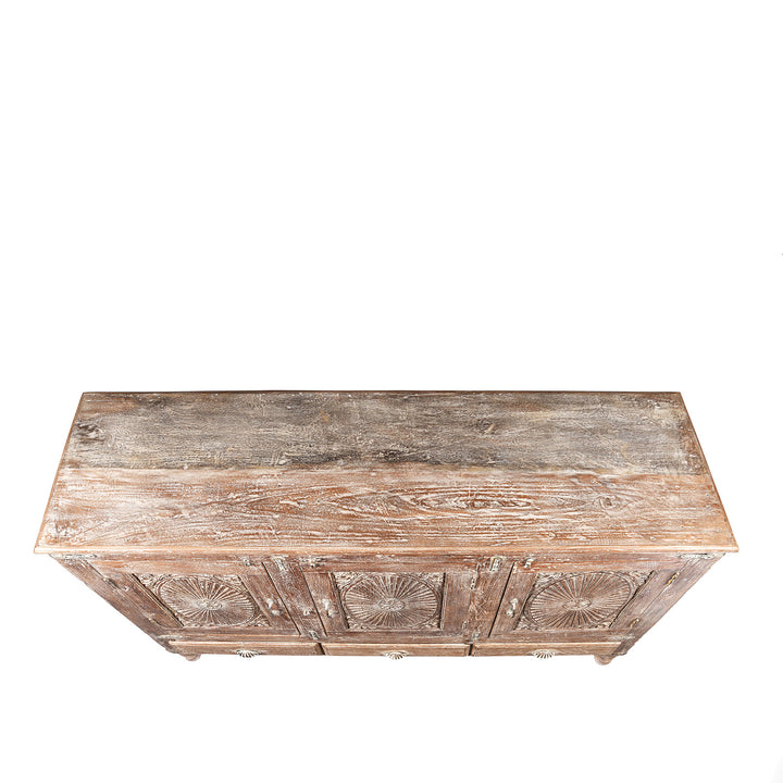 Top Down View Of Antique Carved Teak Sideboard With Sunburst Panels - 19th Century | Indigo Antiques