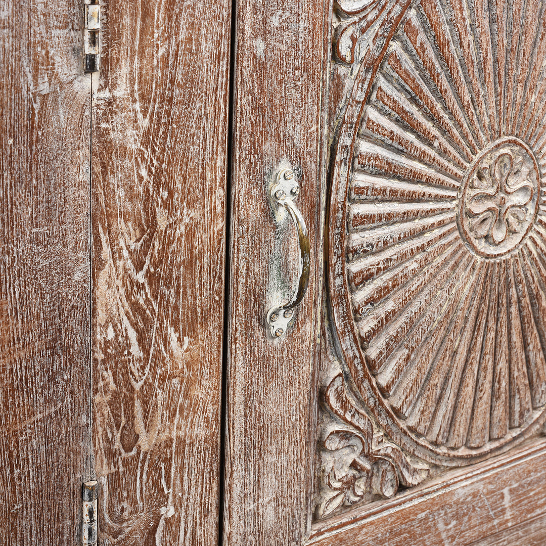 Handle Detail From Antique Carved Teak Sideboard With Sunburst Panels - 19th Century | Indigo Antiques