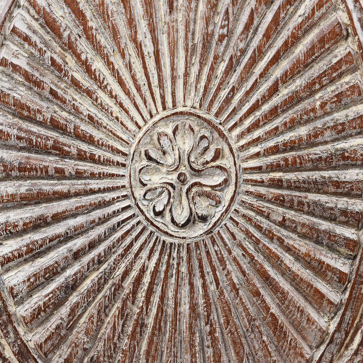 Starburst Detail From Antique Carved Teak Sideboard With Sunburst Panels - 19th Century | Indigo Antiques