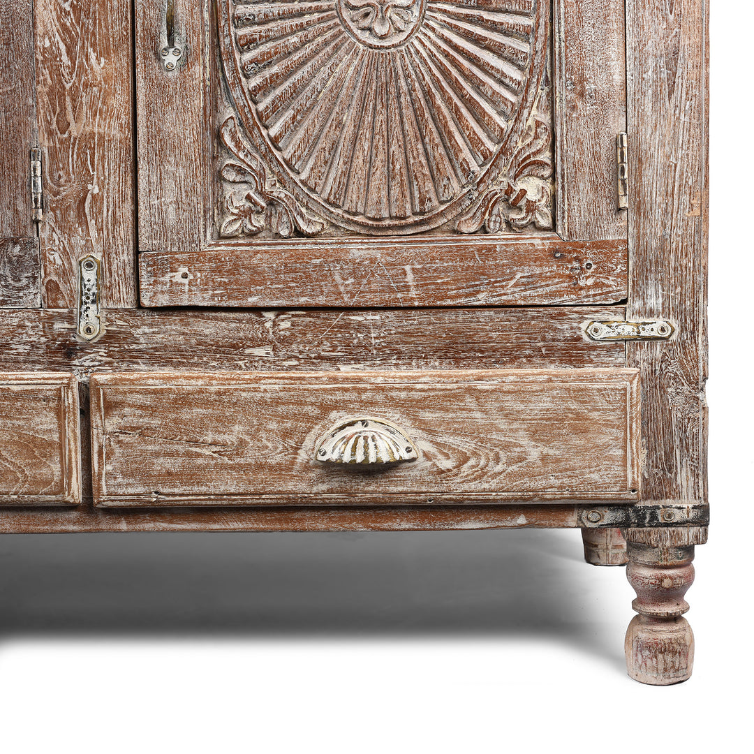 Leg Detail From Antique Carved Teak Sideboard With Sunburst Panels - 19th Century | Indigo Antiques