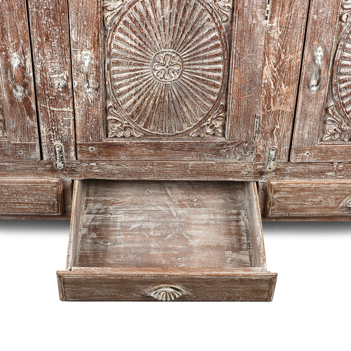Drawer Detail From Antique Carved Teak Sideboard With Sunburst Panels - 19th Century | Indigo Antiques