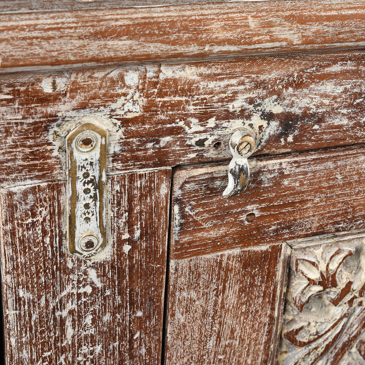 Latch Detail From Antique Carved Teak Sideboard With Sunburst Panels - 19th Century | Indigo Antiques