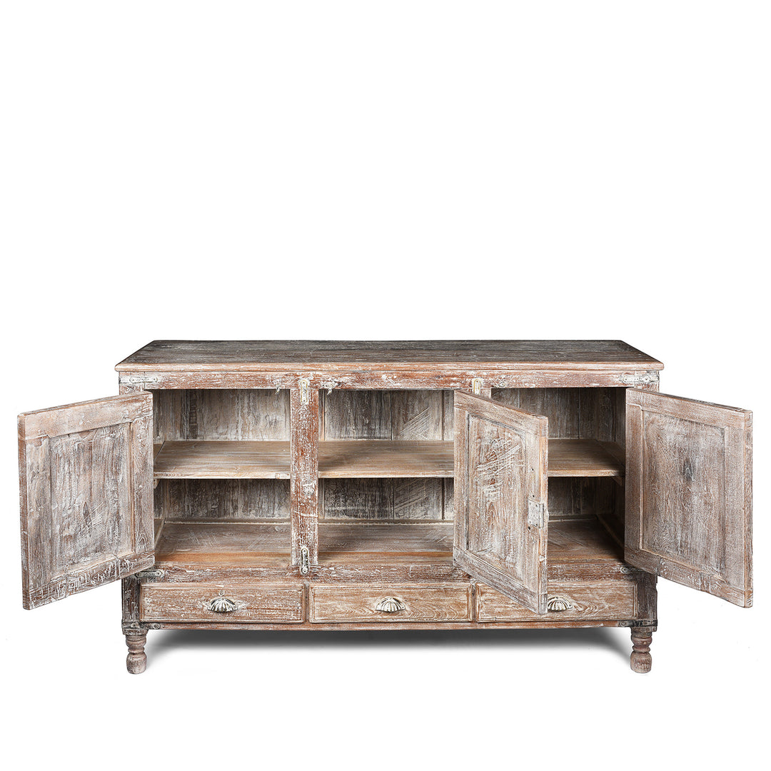 Open Doors View Of Antique Carved Teak Sideboard With Sunburst Panels - 19th Century | Indigo Antiques