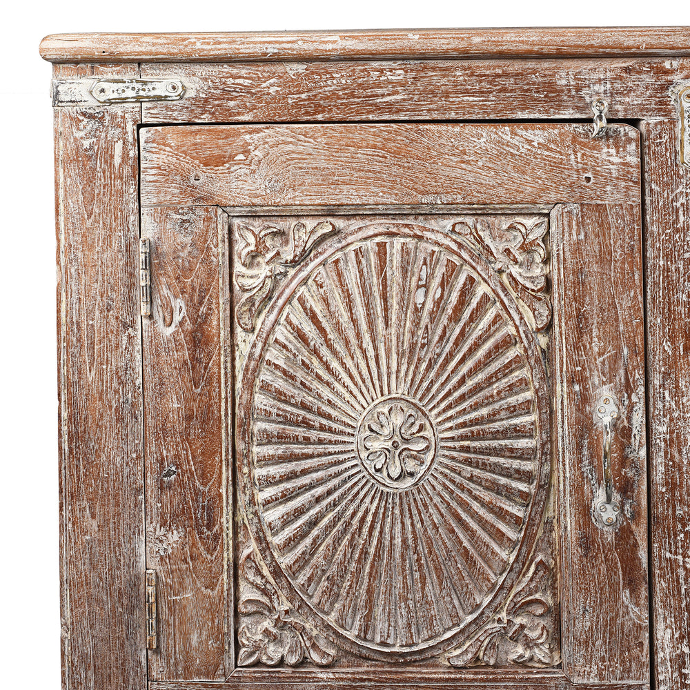 Corner Detail From Antique Carved Teak Sideboard With Sunburst Panels - 19th Century | Indigo Antiques