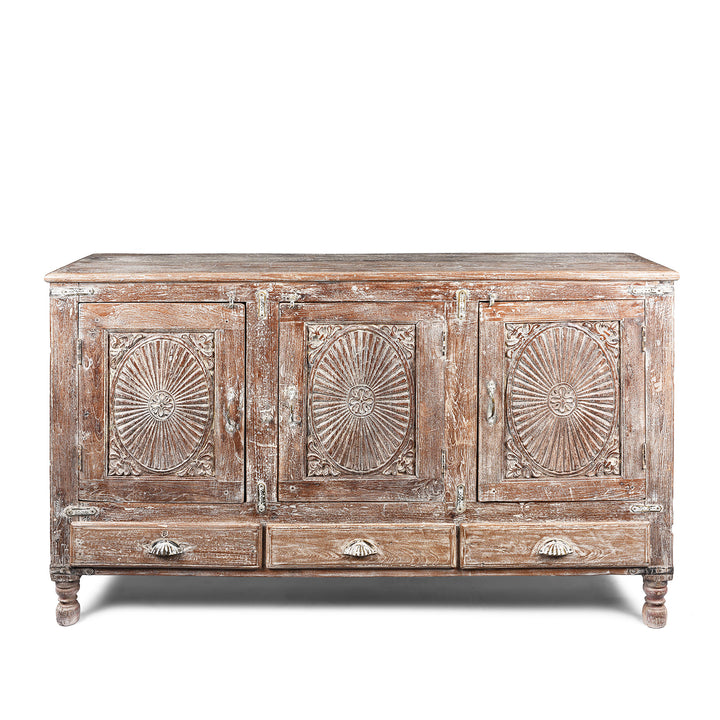 Antique Carved Teak Sideboard With Sunburst Panels - 19th Century | Indigo Antiques