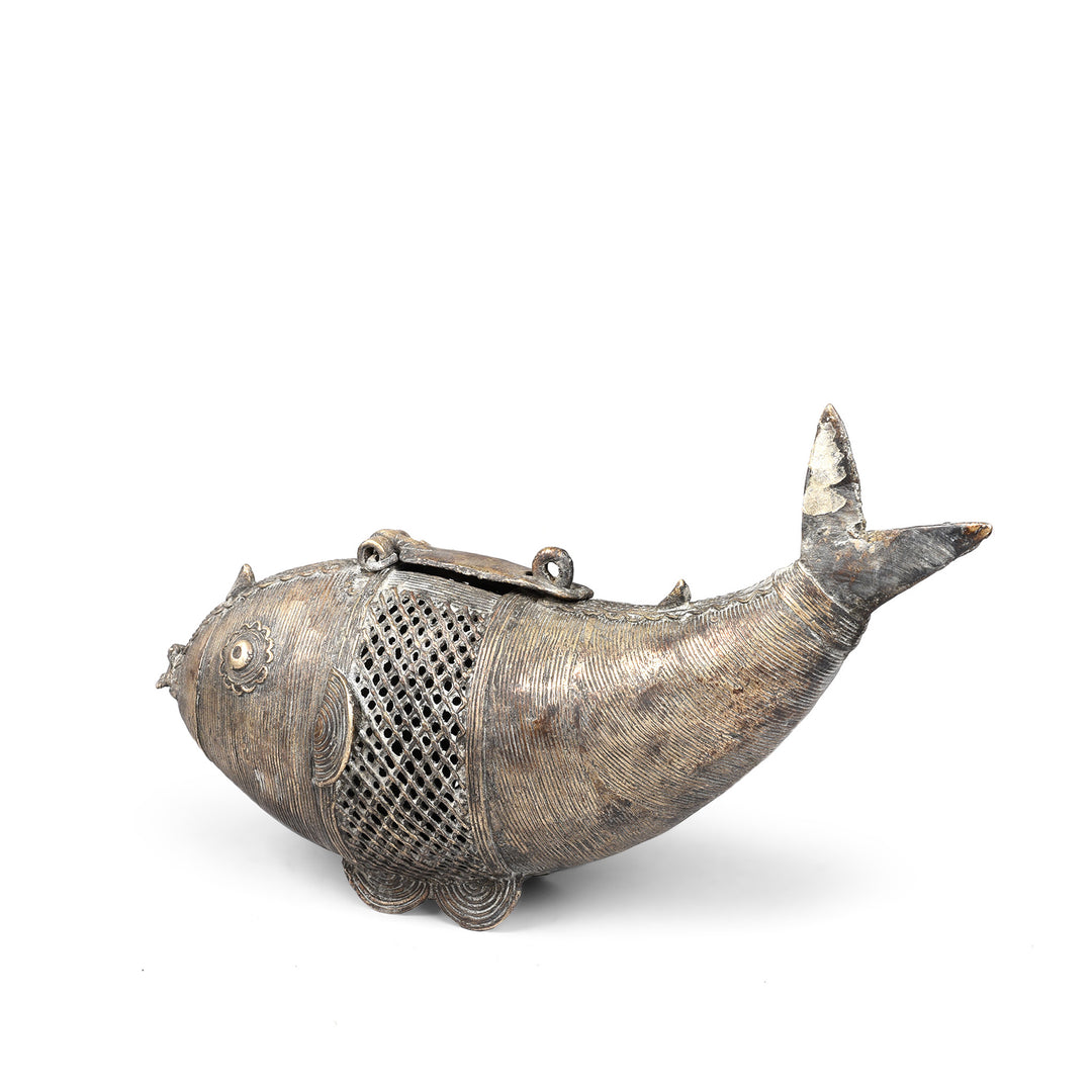 Brass Dhokra Work Fish Money Box From Orissa - Ca 1920