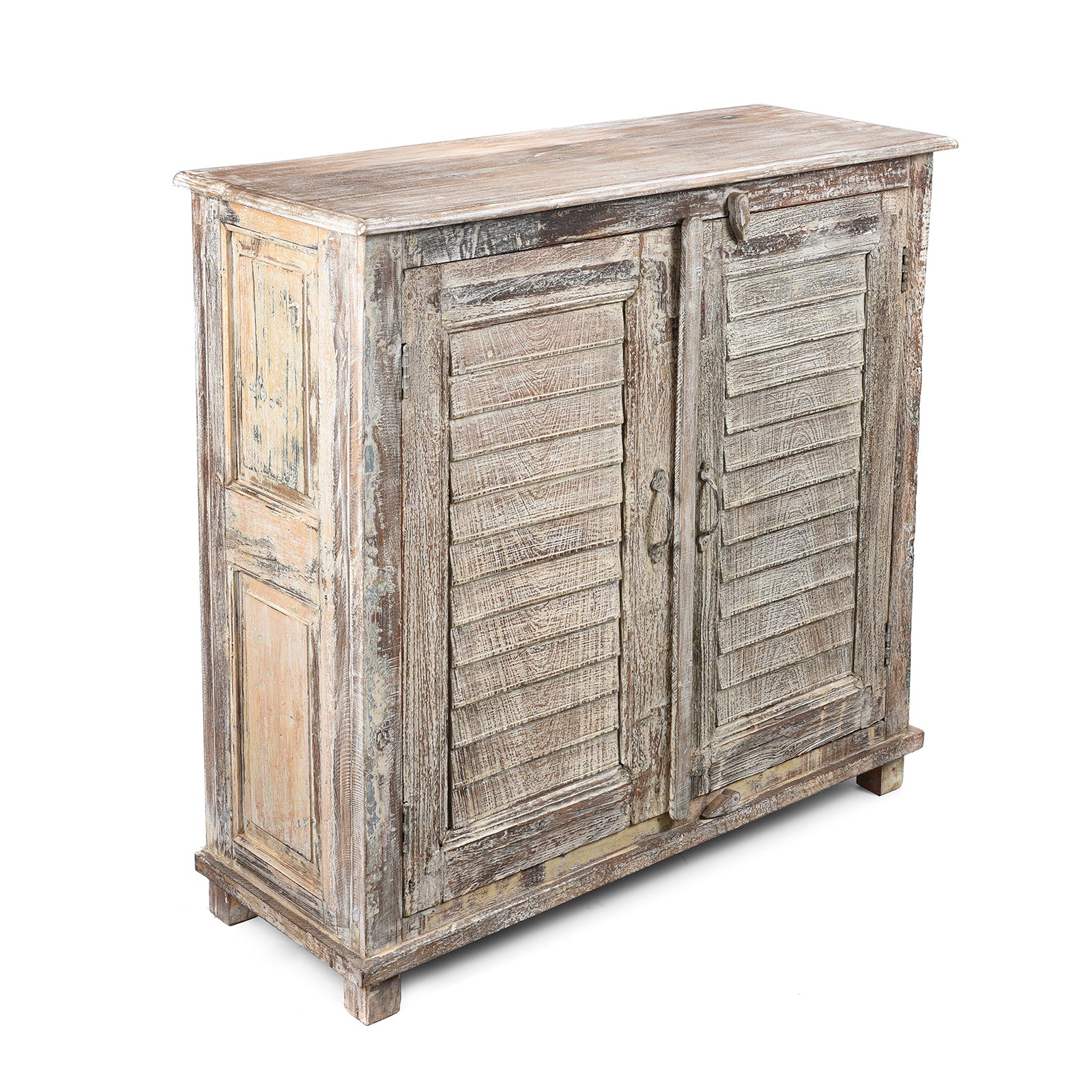 Angled View Of Painted Indian Louvre Cabinet Made From Reclaimed Teak | Indigo Antiques