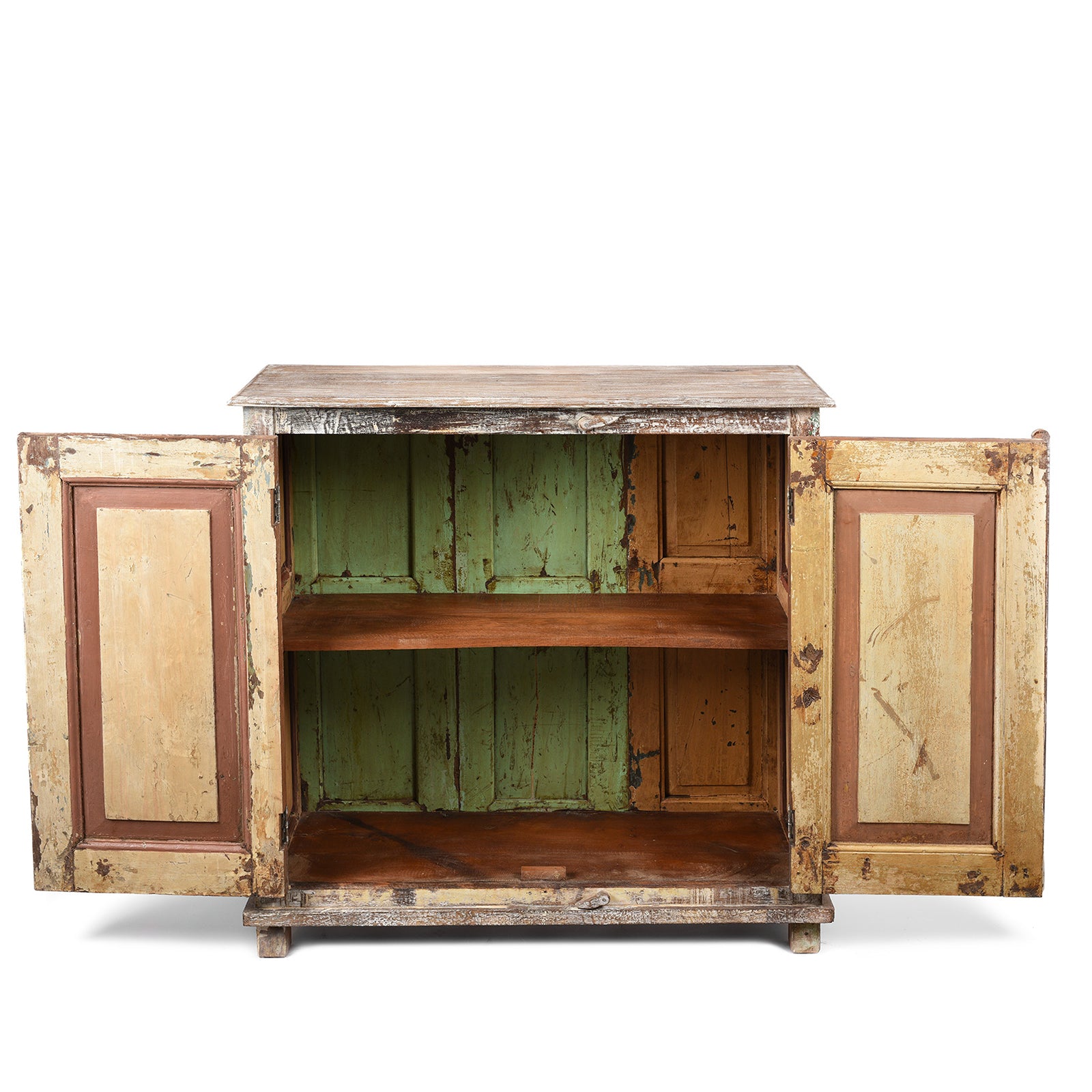 Open Doors View Of Painted Indian Louvre Cabinet Made From Reclaimed Teak | Indigo Antiques