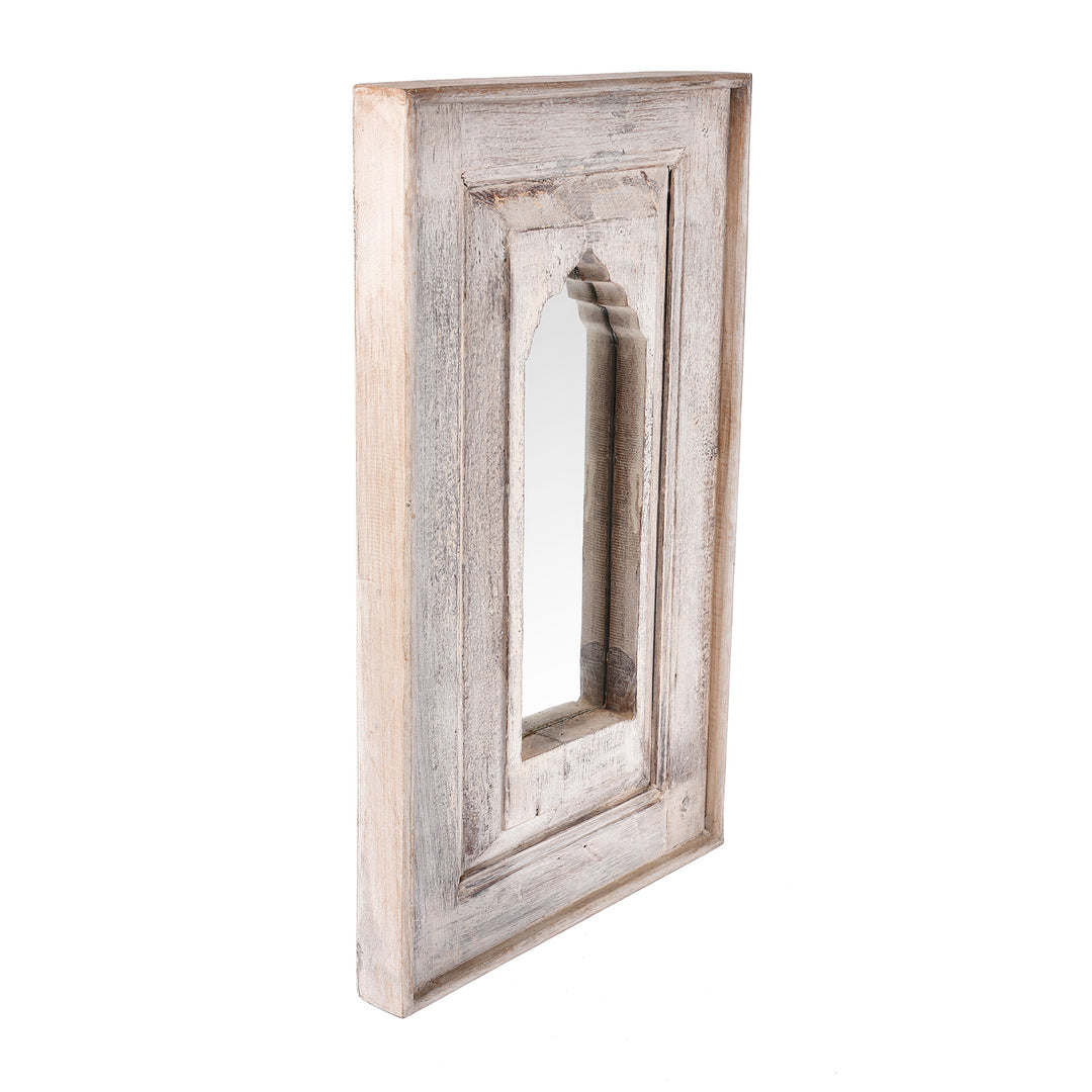 Angled View Of Indian Mihrab Mirror Made From Old Teak (35 x 58.5cm) | Indigo Antiques