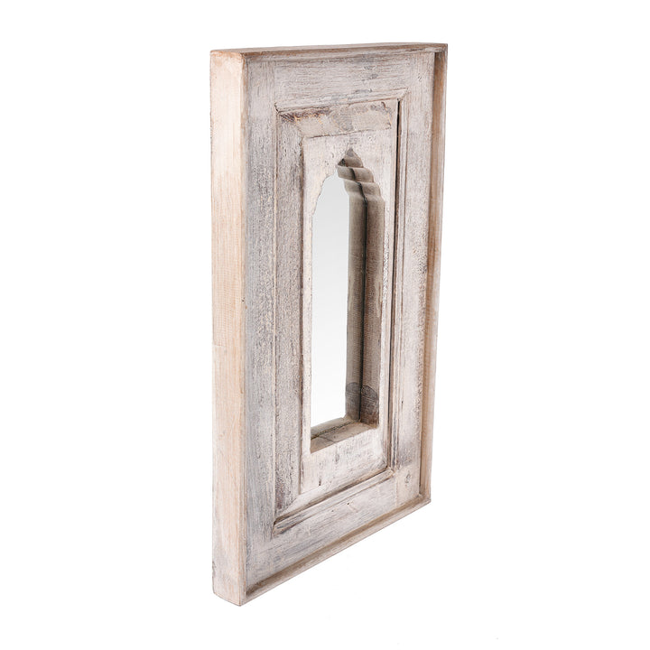 Angled View Of Indian Mihrab Mirror Made From Old Teak (35 x 58.5cm) | Indigo Antiques