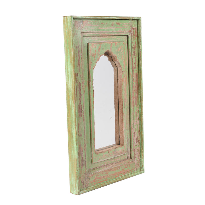 Angled Green Small Indian Mirror Made From Old Teak Mihrab Panel - 19thC | Indigo Antiques