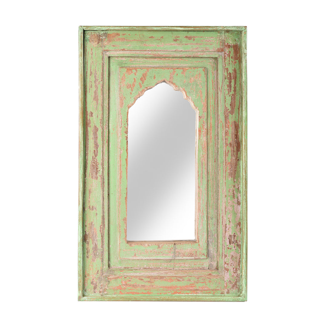 Green Small Indian Mirror Made From Old Teak Mihrab Panel - 19thC | Indigo AntiquesSmall Indian Mirror Made From Old Teak Mihrab Panel - 19thC | Indigo Antiques