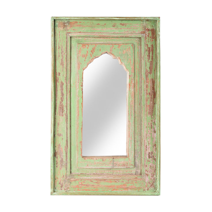 Green Small Indian Mirror Made From Old Teak Mihrab Panel - 19thC | Indigo AntiquesSmall Indian Mirror Made From Old Teak Mihrab Panel - 19thC | Indigo Antiques
