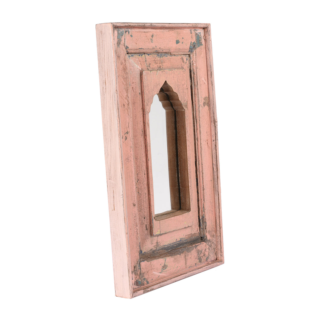 Angled Pink Small Indian Mirror Made From Old Teak Mihrab Panel - 19thC | Indigo Antiques