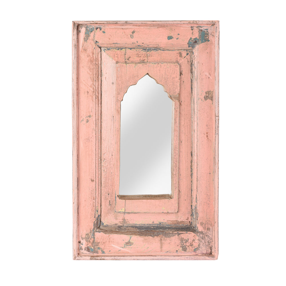 Pink Small Indian Mirror Made From Old Teak Mihrab Panel - 19thC | Indigo Antiques