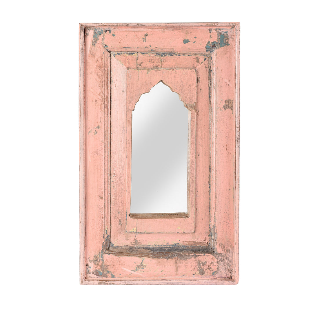 Pink Small Indian Mirror Made From Old Teak Mihrab Panel - 19thC | Indigo Antiques