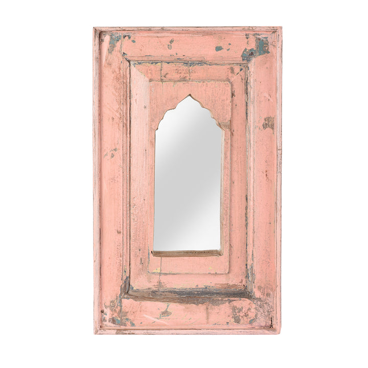 Pink Small Indian Mirror Made From Old Teak Mihrab Panel - 19thC | Indigo Antiques