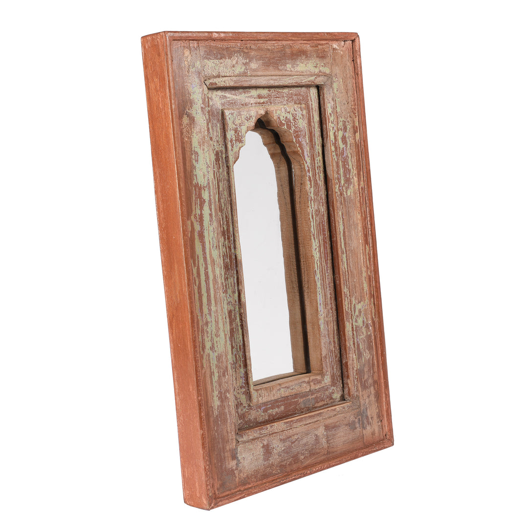 Angled View Of Small Indian Mirror Made From Old Teak Mihrab Panel - 19thC | Indigo Antiques
