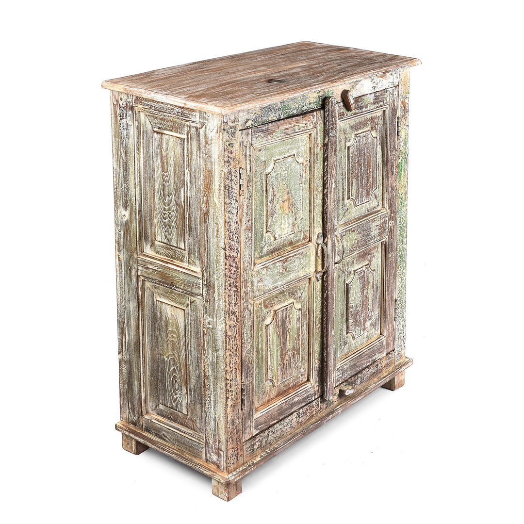 Angled View Of 2 Door Indian Cabinet Made From Reclaimed Teak | Indigo Antiques