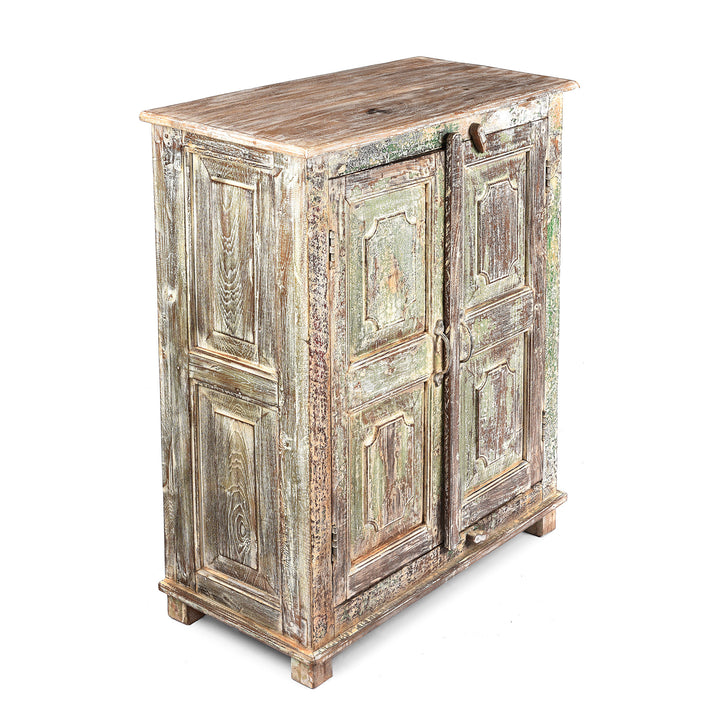 Angled View Of 2 Door Indian Cabinet Made From Reclaimed Teak | Indigo Antiques