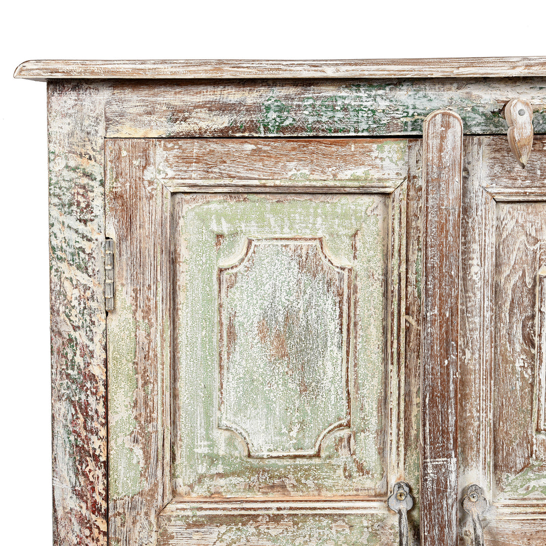 Corner Detail From Reclaimed 2 Door Indian Teak Sideboard With Original Paint | Indigo Antiques