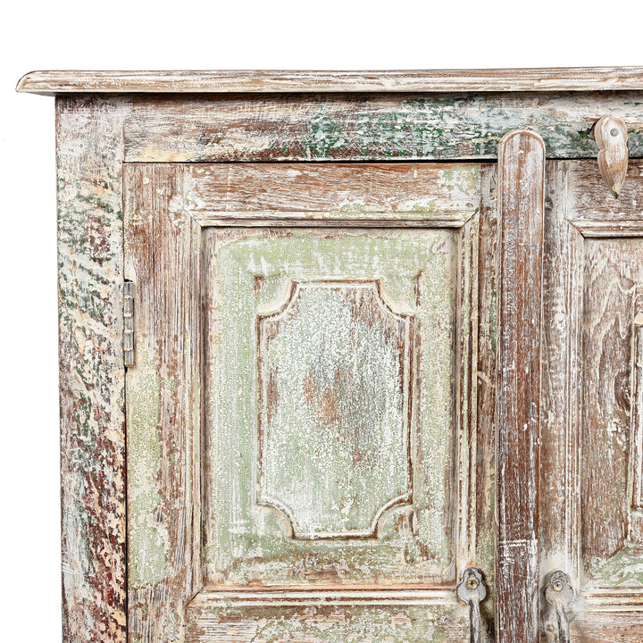 Corner Detail From Reclaimed 2 Door Indian Teak Sideboard With Original Paint | Indigo Antiques