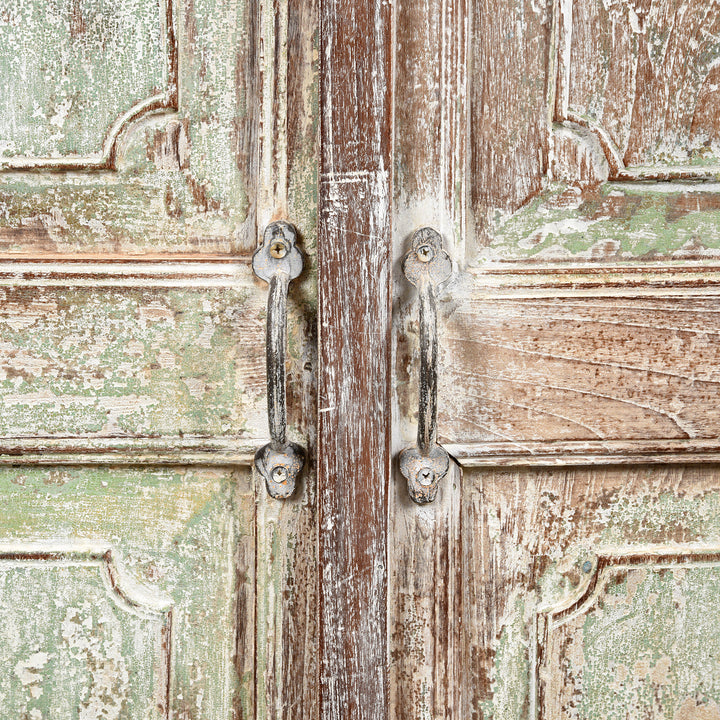 Handles Detail From Reclaimed 2 Door Indian Teak Sideboard With Original Paint | Indigo Antiques