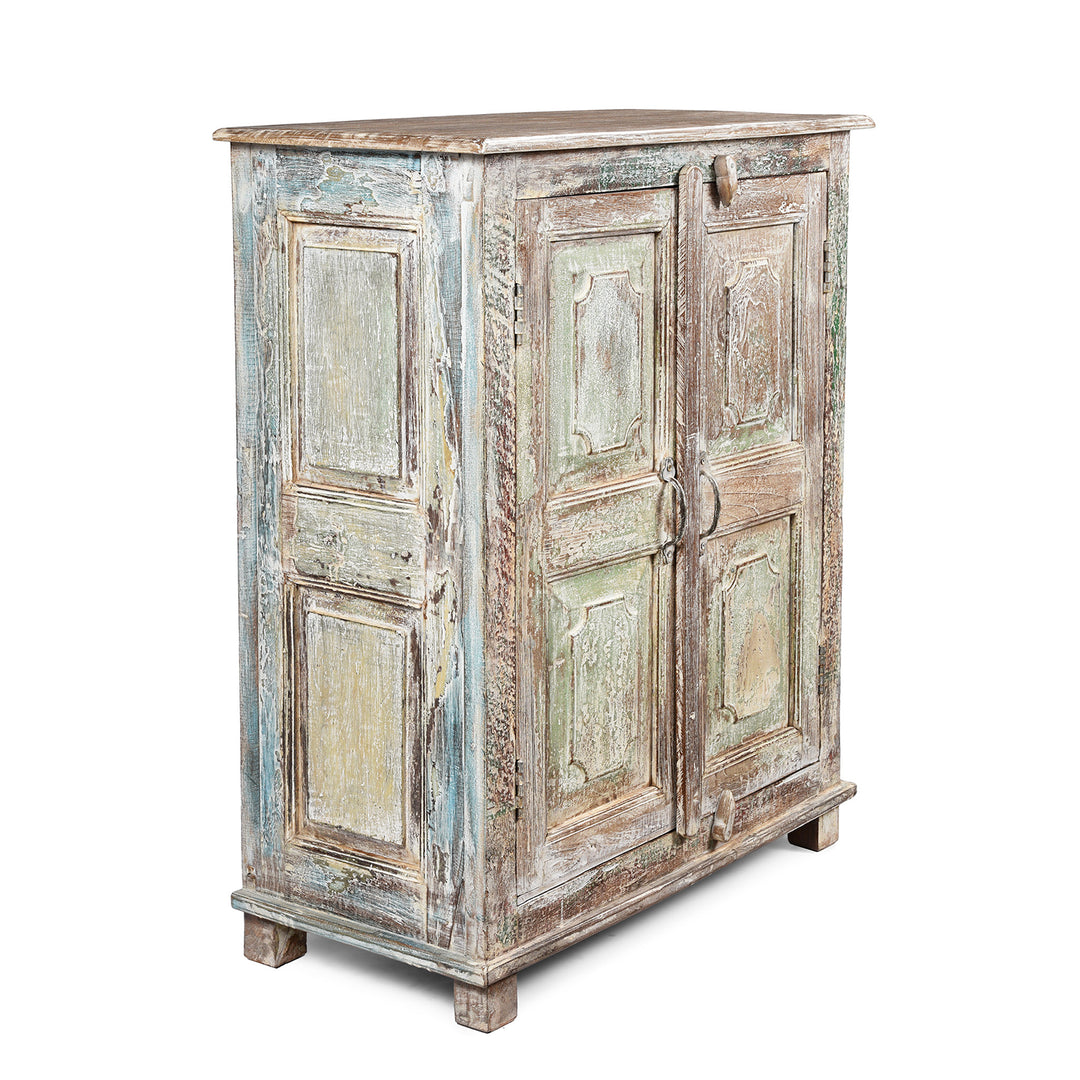 Angled View Of Reclaimed 2 Door Indian Teak Sideboard With Original Paint | Indigo Antiques