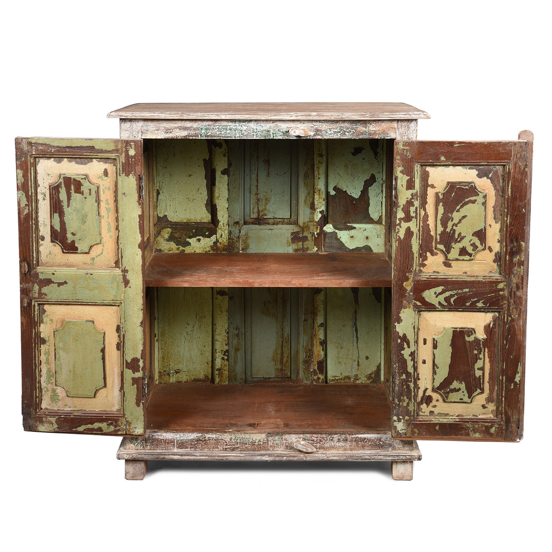 Open Doors View Of Reclaimed 2 Door Indian Teak Sideboard With Original Paint | Indigo Antiques