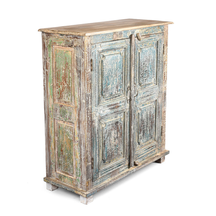 Angled View Of 2 Door Indian Cabinet Made From Reclaimed Teak | Indigo Antiques