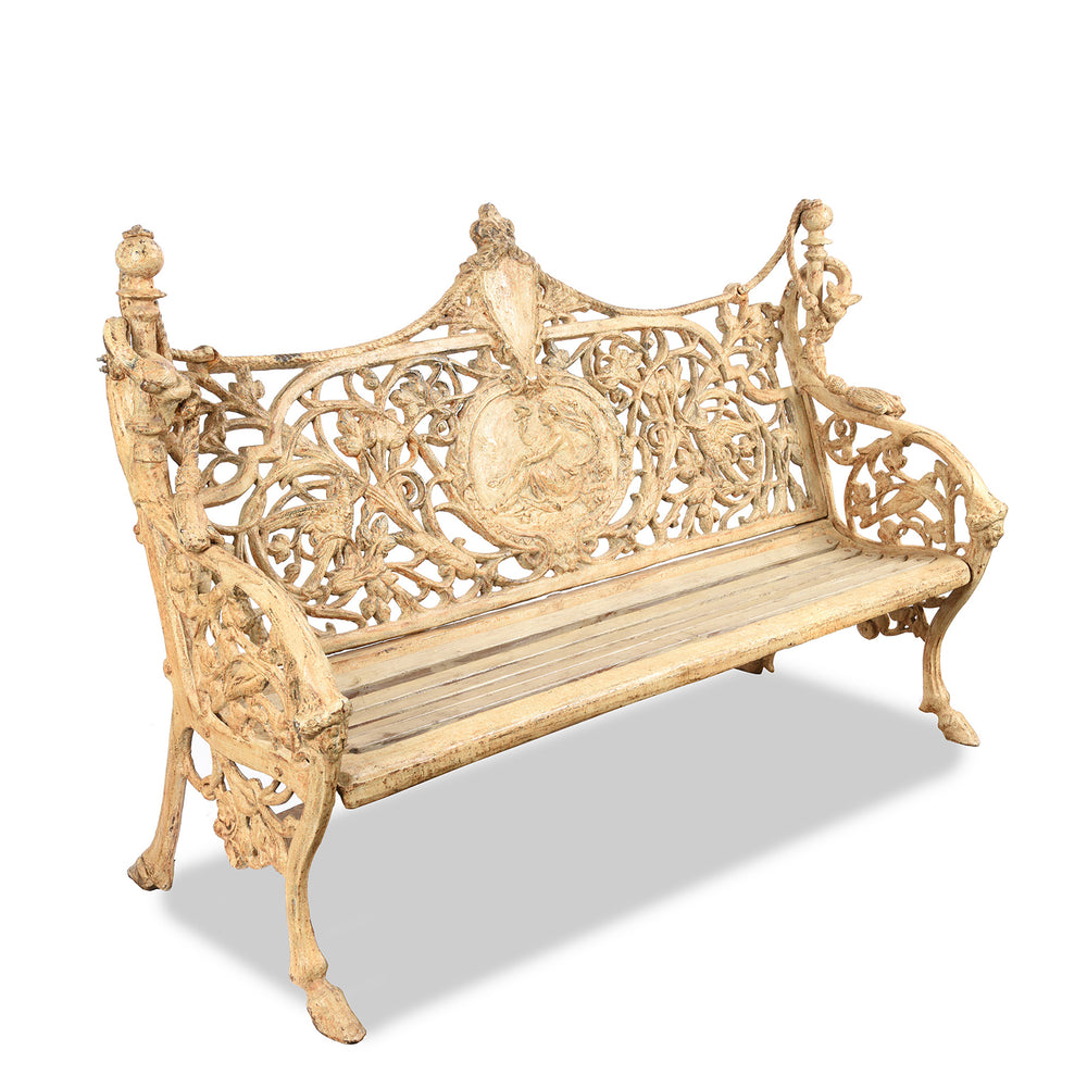 Angled View Of Cast Iron Indian Slatted Teak Bench - Ca 1900 | Indigo Antiques