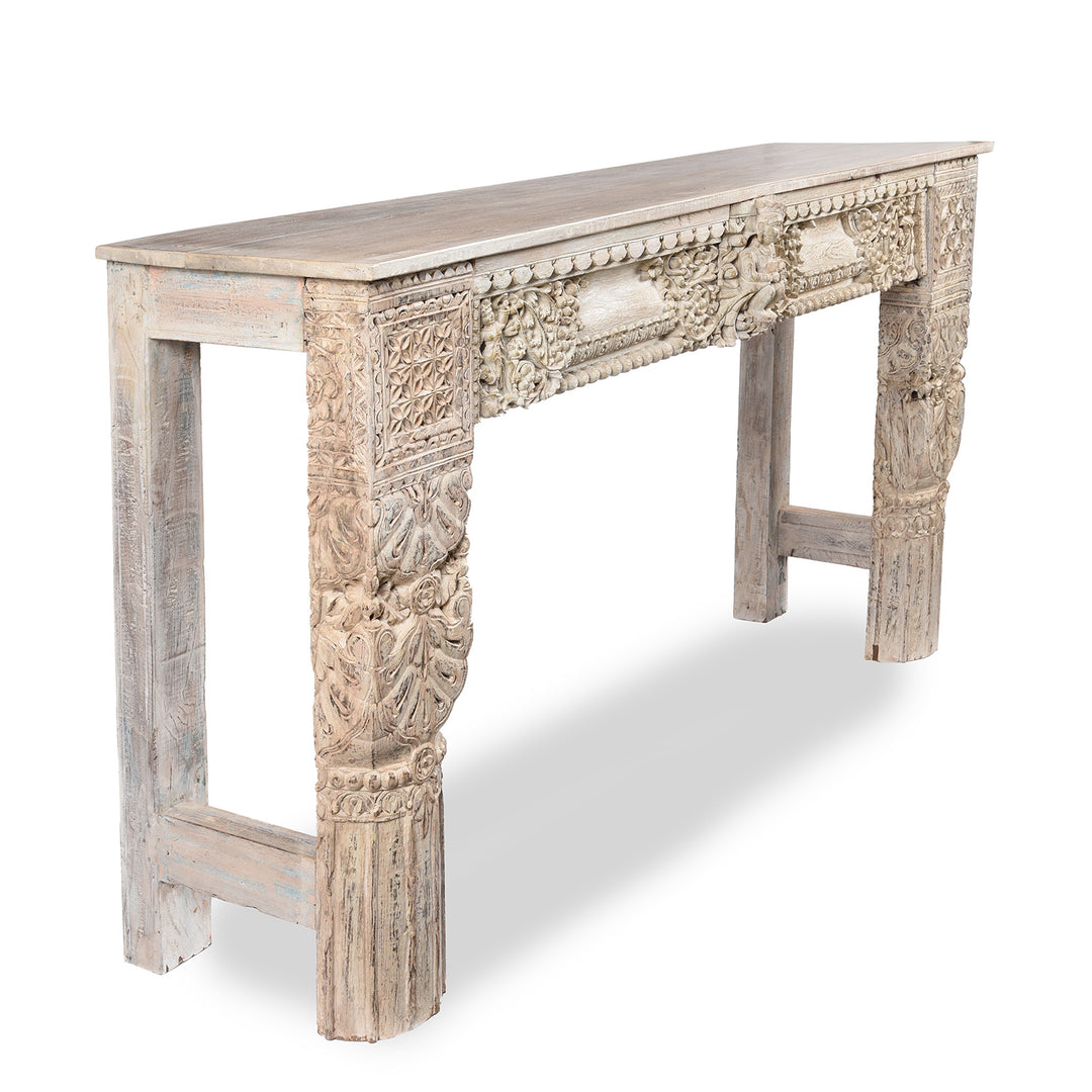 Angled View Of Painted Console Table Made From Reclaimed Teak | Indigo Antiques