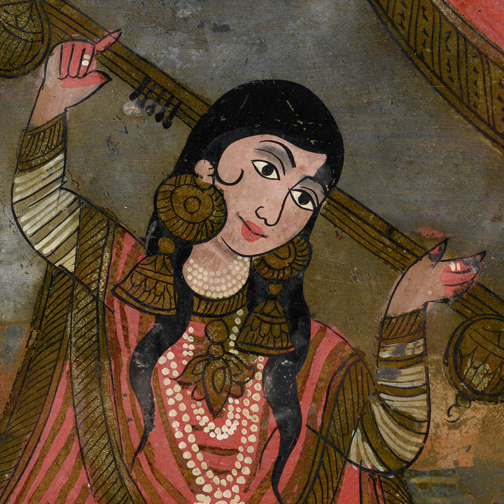 Antique Reverse Glass Painting Of Saraswati With Deer - 19thC | Indigo Antiques